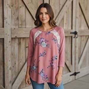 Buckle Pink Floral Studded Top With Lace Details